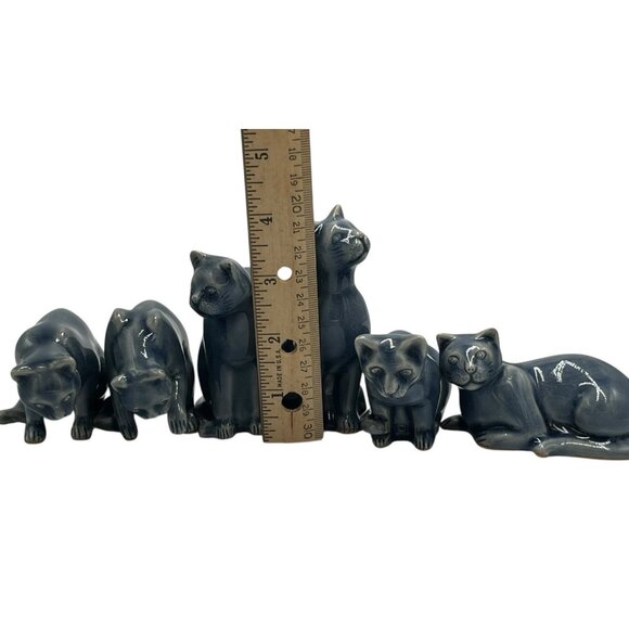Vintage Thai Celadon Blue Glazed Crackle Ceramic Cat Figurine Lot of 6 Clowder - Picture 5 of 16